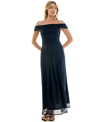Beauty & Grace Juniors' Lea Off-the-Shoulder Lace Ruched Maxi Dress