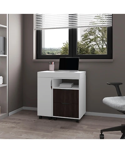 Fm Furniture Loris Extendable Desk with Two Drawers, Open Shelves, and Sliding Mechanism