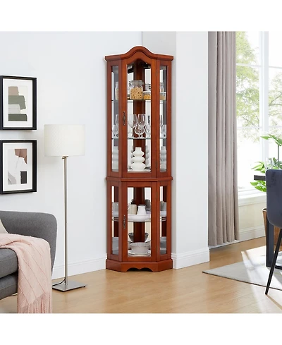 Clihome Lighted Corner Curio Cabinet with Adjustable Glass Shelves, Mirrored Back and Tempered Glass Doors