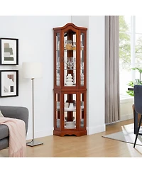 Clihome Lighted Corner Curio Cabinet with Adjustable Glass Shelves, Mirrored Back and Tempered Glass Doors