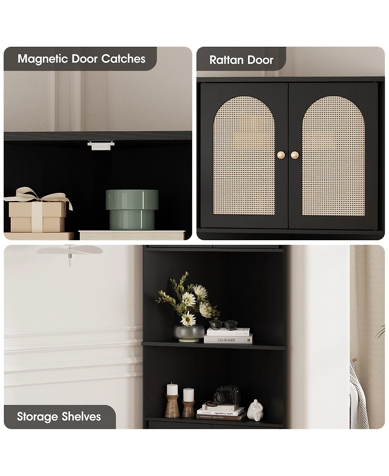 Vabches 67" H Tall Corner Cabinet, Rattan Storage Cabinet with Adjustable Shelves, Corner Bookshelf