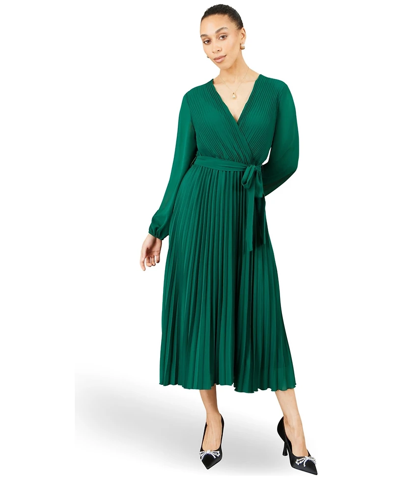Yumi Women's Long-Sleeve V-Neck Pleated Wrap Midi Dress