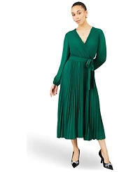 Yumi Women's Long-Sleeve V-Neck Pleated Wrap Midi Dress