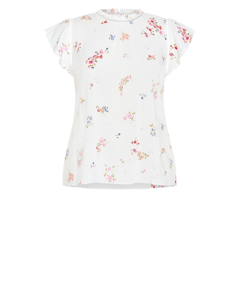 City Chic Plus Fleur Petal Print Top with Frilled-Crew Neckline and Short Flutter Sleeves