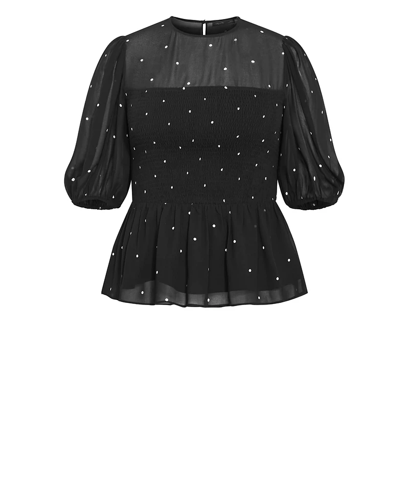 City Chic Plus Esther Spot-Print Shirred Peplum Blouse