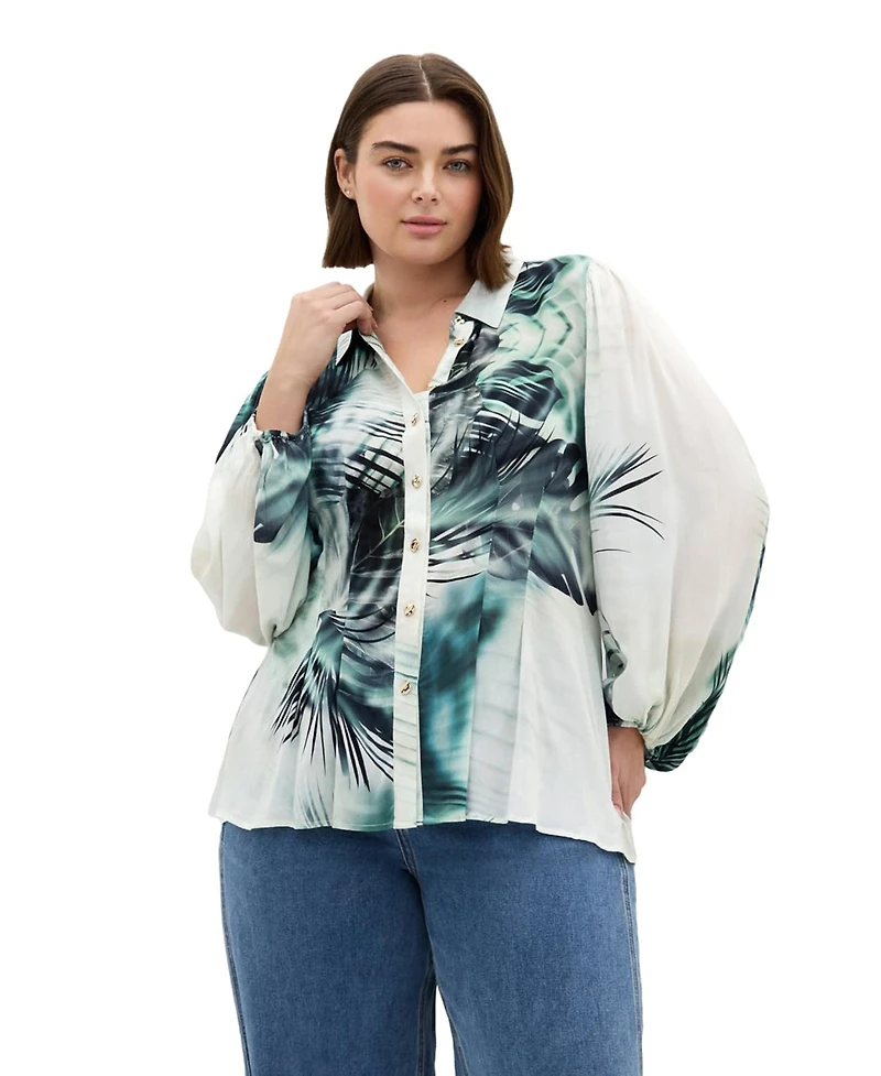 City Chic Plus Piper Palm Print Collared Long-Sleeve Relaxed-Fit Shirt