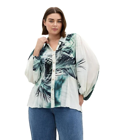 City Chic Plus Piper Palm Print Collared Long-Sleeve Relaxed-Fit Shirt