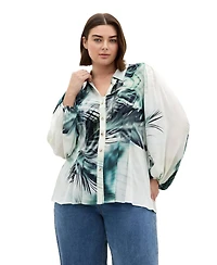 City Chic Plus Piper Palm Print Collared Long-Sleeve Relaxed-Fit Shirt