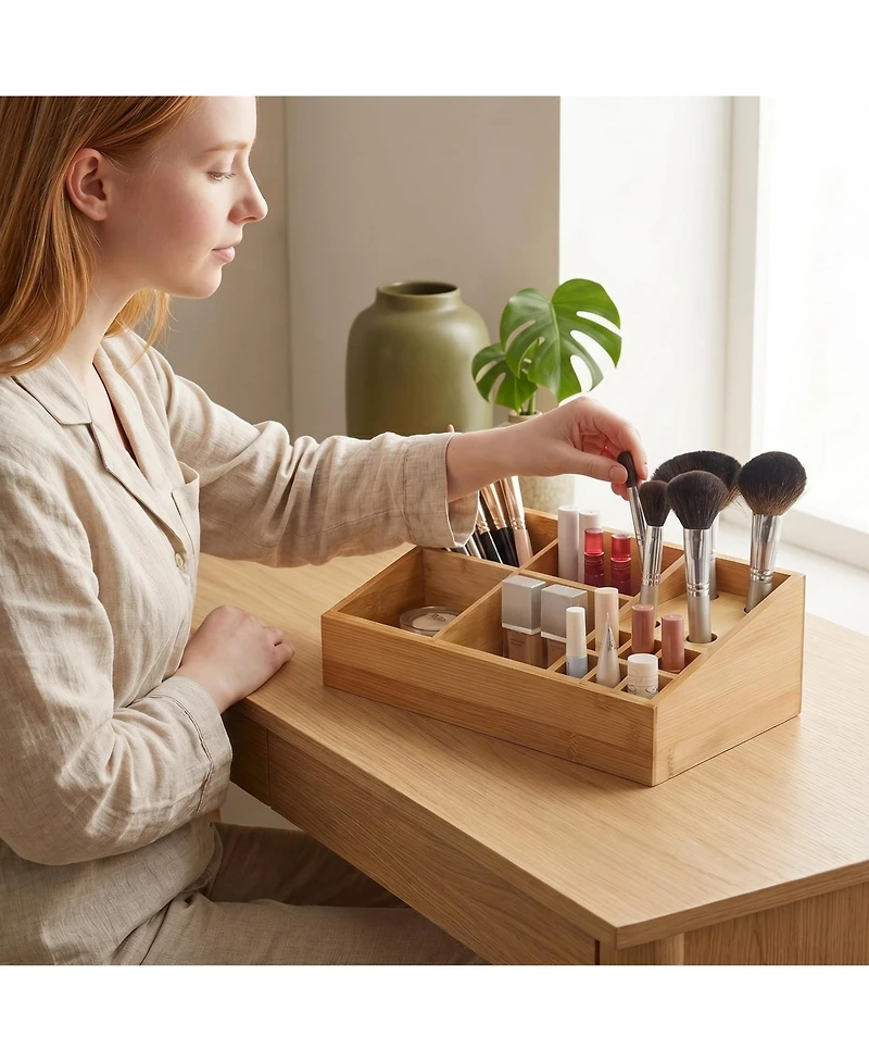 Danrong 2 Pack Wooden Desktop Organizer Pen Holder Art Supply Makeup Brush Storage