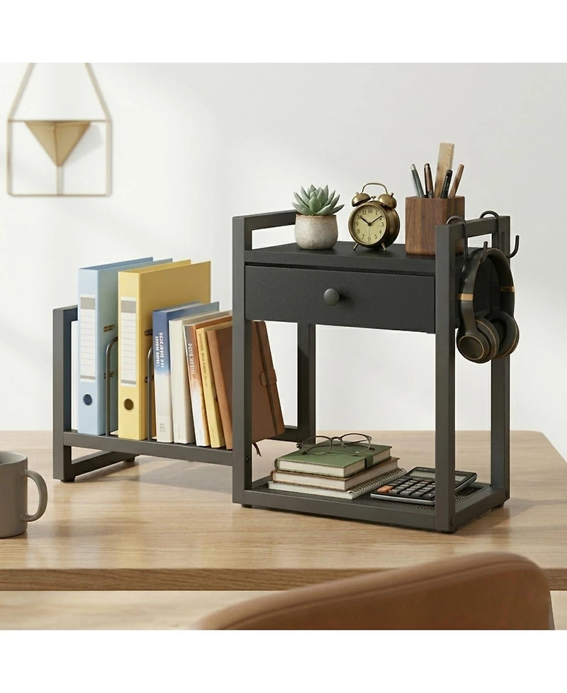 Danrong 2 Tier Wooden Desktop Organizer with Drawer and Hooks Rustic Desk Storage Rack for Home Office Dorm