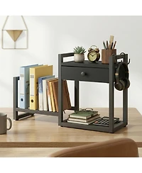 Danrong 2 Tier Wooden Desktop Organizer with Drawer and Hooks Rustic Desk Storage Rack for Home Office Dorm