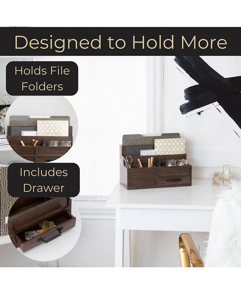 Danrong Rustic Wood Desktop Mail Organizer With Drawer Pen Holder