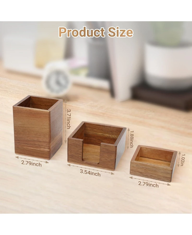 Danrong Brown Wooden Desk Organizer Set Pen Holder Paperclip Sticky Note Storage