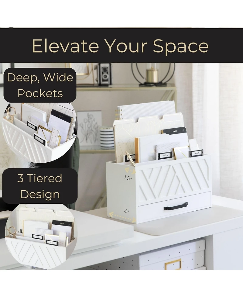 Danrong Wood Desktop Mail Organizer Three Tier Sorter With Drawer Label Holders Countertop Storage