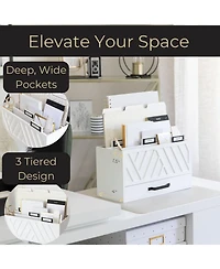 Danrong Wood Desktop Mail Organizer Three Tier Sorter With Drawer Label Holders Countertop Storage