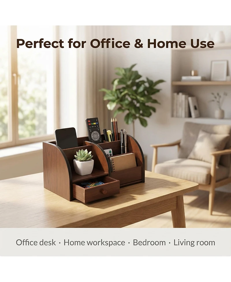 Danrong Wooden Desk Organizer With Drawer Multi Compartment Storage For Office Supplies Makeup Accessories