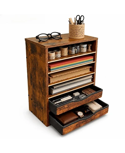 Danrong Brown Wooden 6 Tier Adjustable Desk Organizer With 2 Drawers For Home Office Classroom