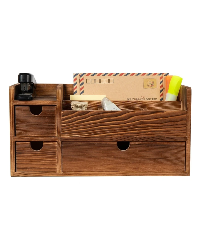 Danrong Deep Roast Solid Wood Desktop Organizer 3 Drawers Multi Compartment Storage