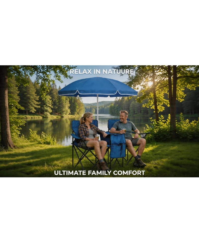ECHTPeak Portable Double Folding Beach Chair Set with Umbrella, 2-Person Outdoor Camping Chair with Cup Holders, Foldable Patio Chair