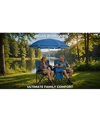 ECHTPeak Portable Double Folding Beach Chair Set with Umbrella, 2-Person Outdoor Camping Chair with Cup Holders, Foldable Patio Chair