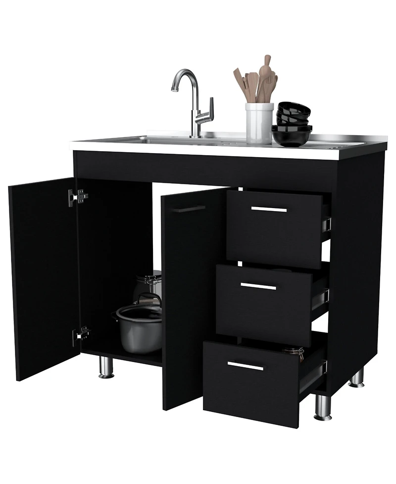 Fm Furniture Darien Melamine Base Cabinet, Three Drawers And Stainless Steel Top
