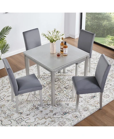 Flynama 5-Piece Wooden Dining Table Set with Upholstered Chairs, Crystal Accent Square Dining Set for Kitchen and Dining Room