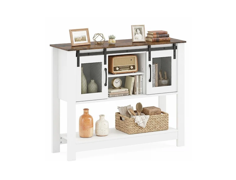 Sugift Farmhouse Console Table with Sliding Barn Doors and 4 Storage Compartments