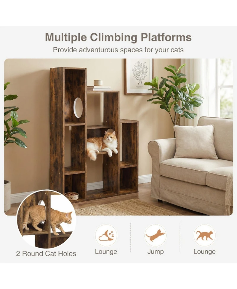 Sugift Modern Cat Bookshelf Cat Tree 8-Section Storage Cabinet with 2 Round Hideaway Holes
