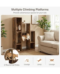 Sugift Modern Cat Bookshelf Cat Tree 8-Section Storage Cabinet with 2 Round Hideaway Holes