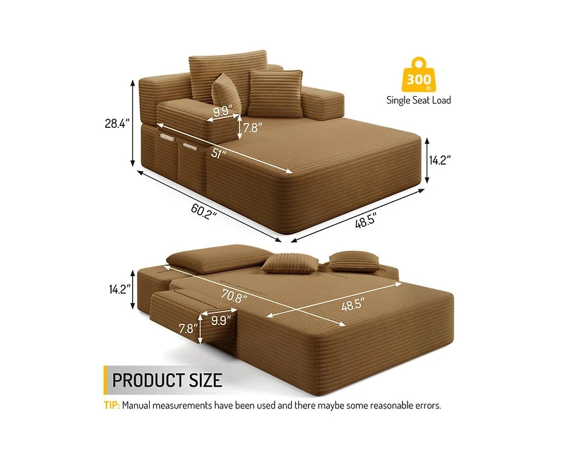 Rainsken Convertible Corduroy Sleeper Sofa with Removable Washable Cover,Side Storage High-Density Sponge,Side for Apartment Home,Small Spaces