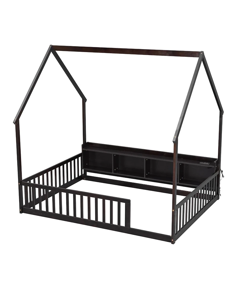 Streamdale Furniture Full House Floor Bed with Storage, Led, Charging Station and Guardrails
