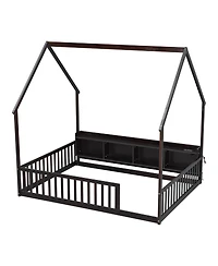 Streamdale Furniture Full House Floor Bed with Storage, Led, Charging Station and Guardrails