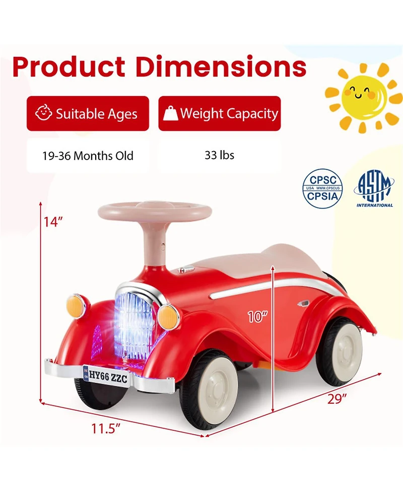 Sevorley Toddler Foot-to-Floor Ride-On Push Car with Horn, Lights and Storage, Ages 19-36 Months