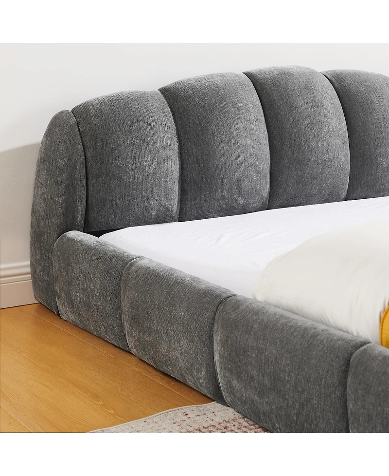 Streamdale Furniture Queen Chenille Upholstered Platform Bed Frame, Curved Headboard