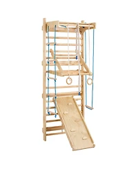 Slickblue 8 in 1 Wooden Wall Gym Ladder with Swing and Climbing Accessories, 220 lbs Capacity, Ages 3-10