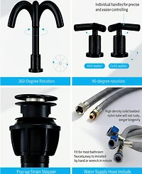 Thirtypeachy Widespread Bathroom Sink Faucet with Dual Handles, 360degree(s) Swivel High Arc Spout and Pop-Up Drain, 3-Hole Deck Mount