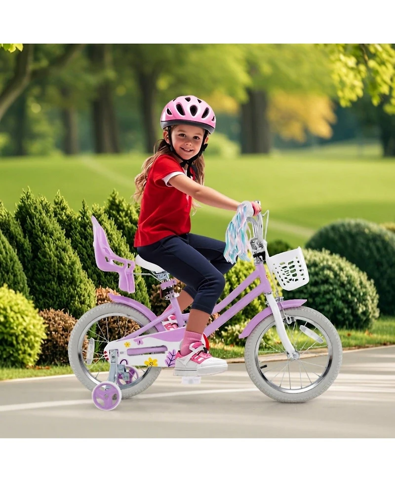 Hongge 16-Inch Girls Bike with Training Wheels, Dual Brake System and Doll Seat, Ages 4-7