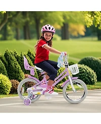 Hongge 16-Inch Girls Bike with Training Wheels, Dual Brake System and Doll Seat, Ages 4-7