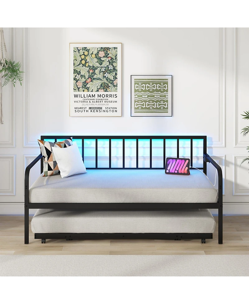 Mecale Twin Daybed with Pop-Up Trundle, Charging Station, Led Lights