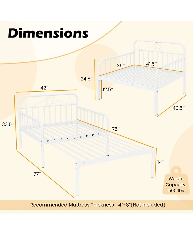 Mecale Extendable Metal Daybed Converts to Twin Bed with Guardrails