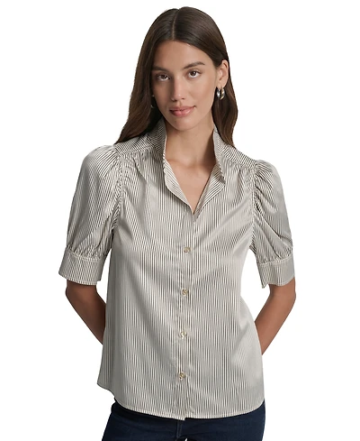 Dkny Jeans Petite Stand-Collar Puff-Sleeve Blouse