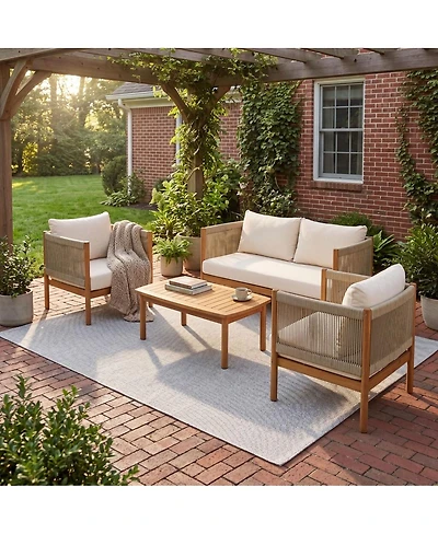Asagikoiai 4-Piece Rope Outdoor Patio Conversation Set with Acacia Wood Frame and Cushions