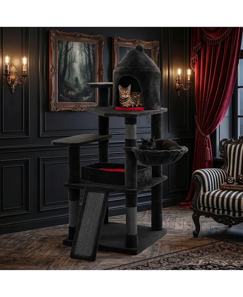 Gymax Gothic Cat Tree 50'' Large Cat Tower with House Coffin Bed Spider Hanging Ball