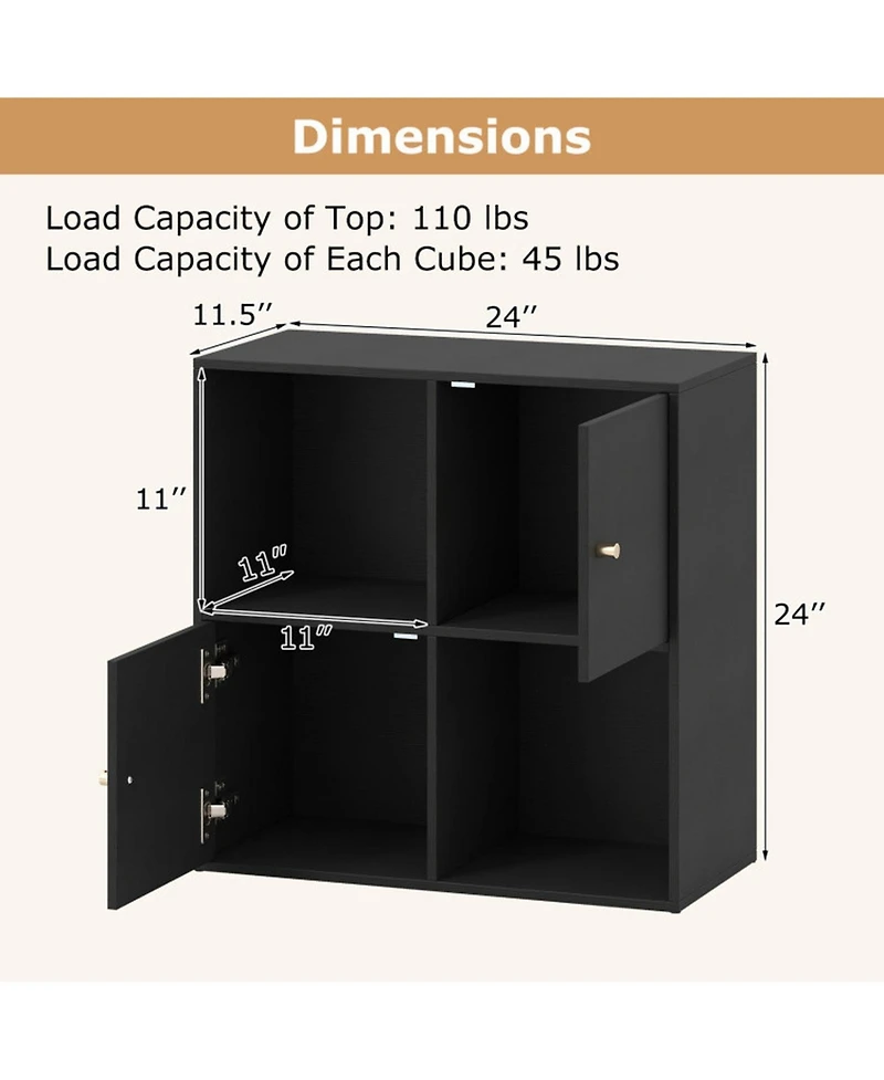 Sugift 4-Cube 3-Tier Bookcase with 2 Cabinets and Anti-Tipping Kits