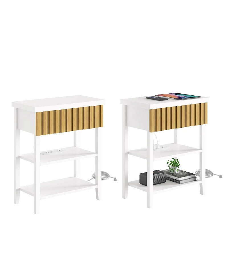 Flynama Set of 2 Fluted Nightstands with Charging Station, Farmhouse Side Table with Drawer and Open Shelves