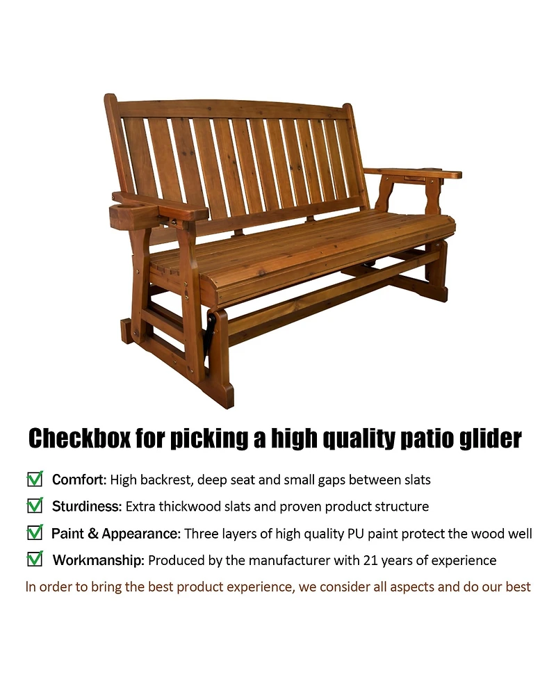 Innovaze 3 Seater Outdoor Wooden Glider Chair, Contoured Patio Bench with Built In Cup Holders for Comfortable Porch and Backyard Relaxation