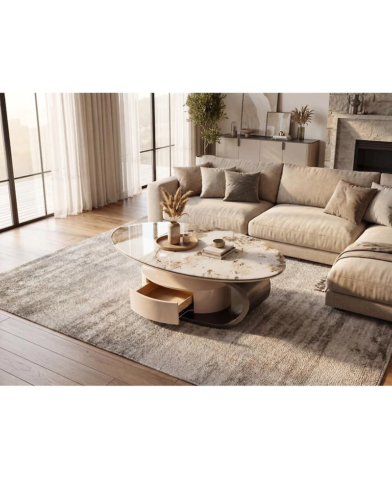 Streamdale Furniture Modern Marble Glass Oval Coffee Table with Drawer and Storage
