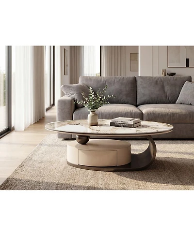 Streamdale Furniture Modern Marble Glass Oval Coffee Table with Drawer and Storage