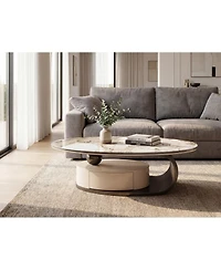 Streamdale Furniture Modern Marble Glass Oval Coffee Table with Drawer and Storage