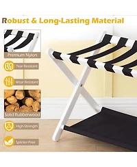Sugift Folding Solid Rubberwood Luggage Rack for Guest Room with 2-Tier Nylon Shelves